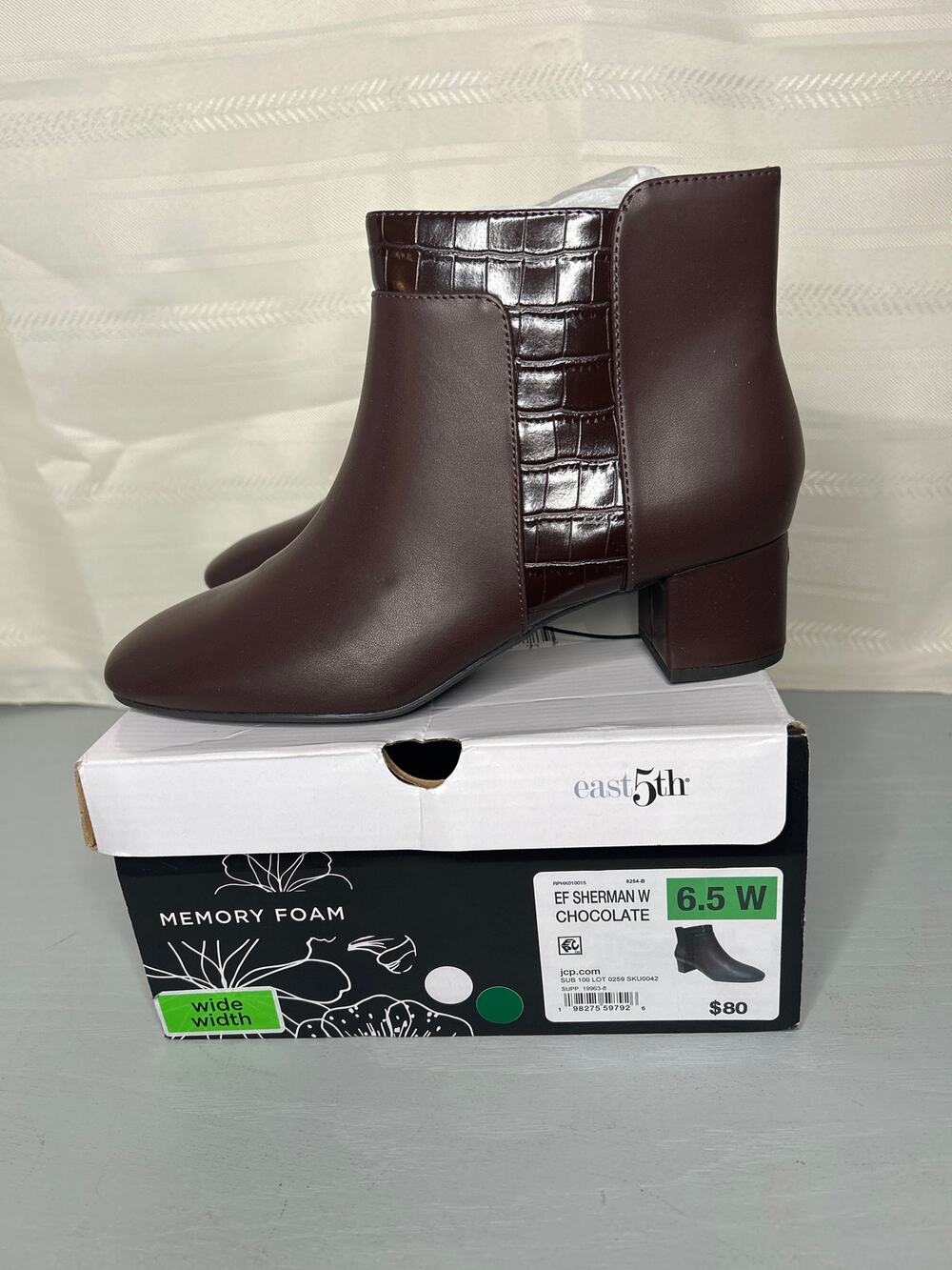East 5th Sherman Chocolate Block Heel Bootie Size 6.5 W Croc Faux Leather  New